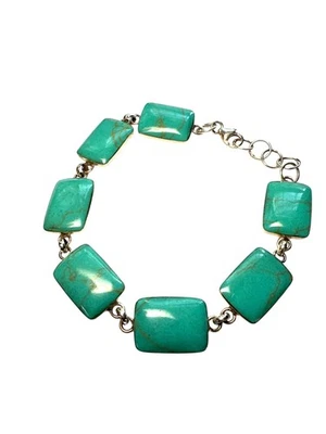925 Sterling Silver Turquoise Link Bracelet Rectangular Gemstone Adjustable - Image 1 of 4