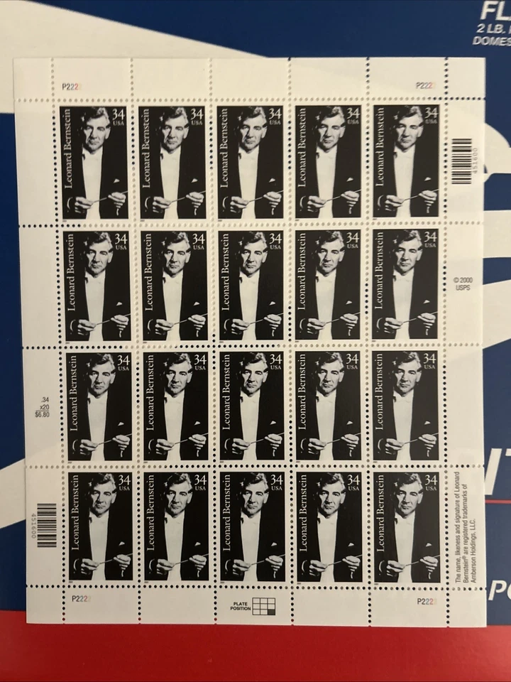 Марки США SC# 3521 Леонард Бернстайн 34c лист 20 как новые без наклеек и следов 2001 - Изображение 1 из 1