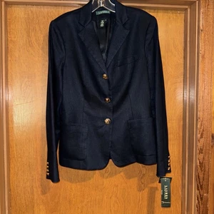 Lauren Ralph Lauren Women 100% Linen Gold Crown Buttons Blazer Navy SZ 4 NWT - Picture 1 of 12