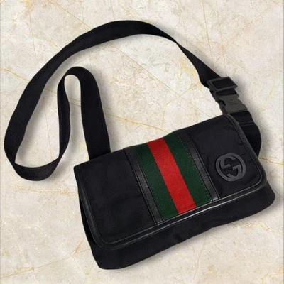 Bolso Bandolera GUCCI Web Rayas Solapa Nylon Cuero Negro MBc1793 Foto 1 de 4