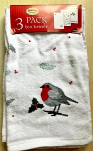 BNWT New Oeko-Tex 3 Pack White Christmas Tea Towels - Robin Holly - 100% Cotton - Picture 1 of 6