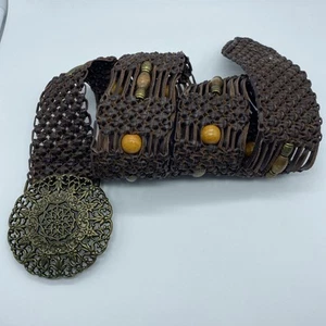 Brown Genuine Leather Macramé Beaded Belt Women's Size XL 2.25" Wide End-End 42" - Picture 1 of 11