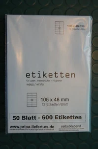 600 etykiet 105x48 mm = 50 arkuszy DIN A4 PRIPA towar markowy samoprzylepny biały - Zdjęcie 1 z 1