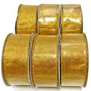 Metallic Gold Ribbon Wired Satin Sheer 10 Yards x 1.5" Holiday Wreath LOT OF 6 - Picture 1 of 9