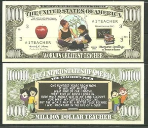 WELTBESTER LEHRER 1 MILLION DOLLAR NEUHEIT GELDSCHEIN VON AMERIKANISCHEN KUNSTKLASSIKERN - Bild 1 von 3