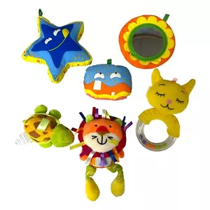 LADIDA Clip on Soft Baby Toys 6pcs Cot Pushchair Shaker Mirror Sequaker BOY SET - Picture 1 of 2