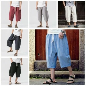 Men Linen Cotton Capri Pants Plain Elastic Waist Casual Harem Loose Baggy Shorts - Picture 1 of 14