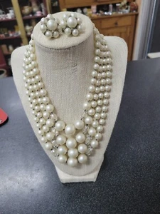 Vintage Necklace Silver Tone Plastic 4 Strand Hook Clasp w/Clip Earrings - Picture 1 of 13