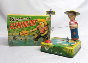 Vintage Rare 1950s Mechanical Fishing Boy Linemar Wind-Up Toy w/Original Box VGC - Bild 1 von 13