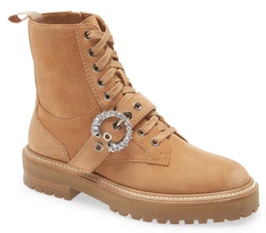 Jimmy Choo Womens Cora Crystal Suede Combat Ankle Boots Caramel IT 38.5 / US 8.5 - Picture 1 of 2