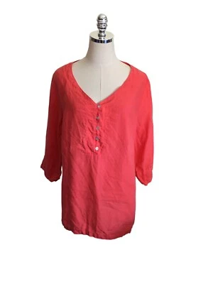 Top Russ Berens de lino coral para mujer talla grande manga 3/4 abotonada cuello en V NUEVO Foto 1 de 4