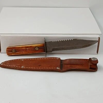 VTG SAKURAI Hunting Knife Red Bone Brass Riveted Handle Fixed Blade With Sheath - Image 1 of 4
