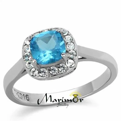 Anillo de compromiso para mujer con halo de acero inoxidable circonita azul mar corte cojín 0,92 quilates 5-10 Foto 1 de 4