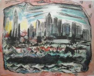 LARGE JOHN MARIN 1950s VINTAGE PRINT LOWER MANHATTAN NEW YORK GRAPHIC SOCIETY - Picture 1 of 12