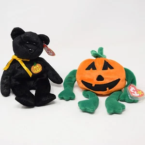 2 Ty 2001 Haunt 1998 Pumkin Beanie Baby Halloween Bear Pumpkin Stuffed Animal - Picture 1 of 20