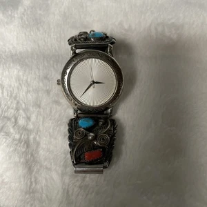  Auf Lager Navajo Sterlingsilber Blatt Türkis und Koralle Uhr signiert RB - Bild 1 von 13