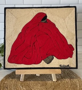 Juan Silva "Mujer Dormida" Yarn Art Woman Red Cloak Covering VTG 13.5”x11.5” - Picture 1 of 7