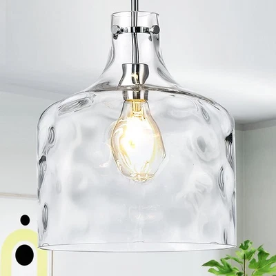 Extra Large 16" Vintage Farmhouse Pendant Light – Hand-Blown Clear Hammered G... - Image 1 of 4