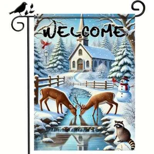 *NEU* BEZAUBERND ~ WEIHNACHTEN ~ WINTER ~ KIRCHE ~ HIRSCH ~ GARTENFAHNE ~ 12X18 - Bild 1 von 1