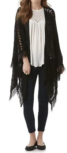 Cárdigan poncho Bongo Pointelle para mujer suéter negro con ribete de flecos talla M Foto 1 de 1