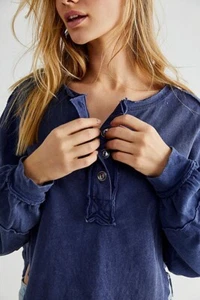 NWT Free People Melodi Quarry Blue Button Henley Pullover Top Shirt Large L - Picture 1 of 4
