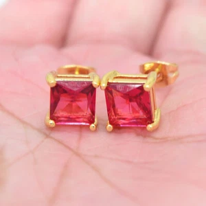 18K Yellow Gold Filled Women Square Rose Red Topaz Stud Earrings Jewelry - Picture 1 of 6