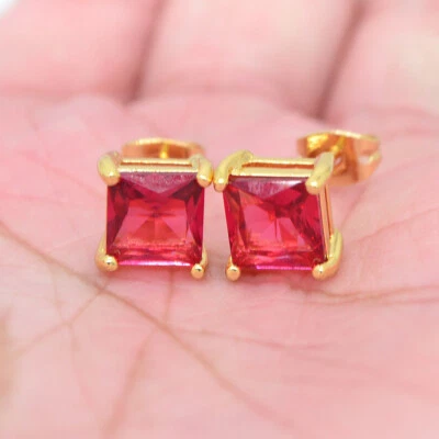 18K Yellow Gold Filled Women Square Rose Red Topaz Stud Earrings Jewelry - Image 1 of 3