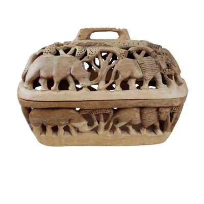 Folk Art Carved Wood Bread Basket Box Wildlife Elephant Rhino Lion Safari Decor - Image 1 of 4