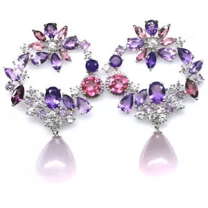 Sin Calentar Cuarzo Rosa, Amatista, Turmalina Pendientes 925 Plata Ley - Imagen 1 de 4
