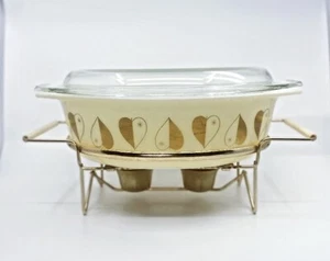 Casseruola ovale vintage 1958 Pyrex Promo Golden Hearts 045 con coperchio e culla - Foto 1 di 19