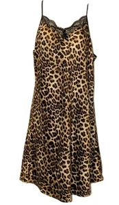 Gilligan & O'Malley Slinky Satin Slip Sz L Leopard & black Lace Chemise Gown  - Picture 1 of 8