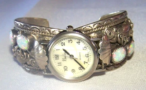 Navajo F. James Prewitt fast neuwertig Sterlingsilber Uhr Manschette Armband Feueropal Steine - Bild 1 von 16