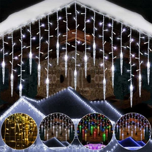 Christmas LED Icicle Falling Rain Curtain Fairy String Lights Outdoor Xmas Party - Picture 1 of 23