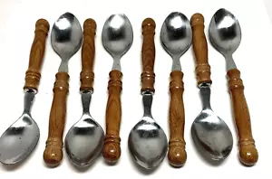 Vintage 8 cucchiaini manico legno vecchia fattoria MCM posate rustiche argenteria - Foto 1 di 8