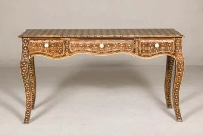 Vintage Console Table Three Drawers Louis XV Style Anglo-Indian Bone Inlay Furni - Image 1 of 4
