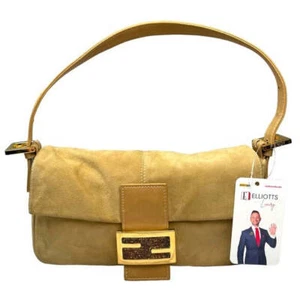 Fendi FF Glitter Tan Leather Gold Flap Bag Logo Suede Baguette Shoulder Purse - Picture 1 of 16