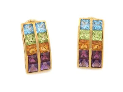 Pendientes con clip de curva ancha de oro amarillo de 18k gemas multicolores - LIQUIDACIÓN Foto 1 de 4