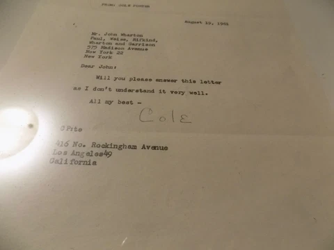 COLE PORTER - TYPED LETTER SIGNED 8/19/1961  FRAMED Cover