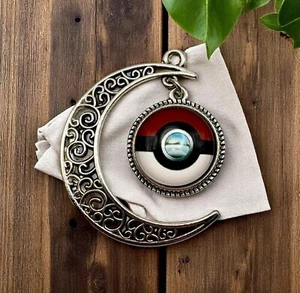 Pokeball Inspired Crescent Moon Pendant Silver Tone Pokemon Gaming Celestial - Picture 1 of 6