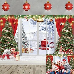 Telón de fondo de ventana de Navidad para fotografía invierno Navidad fondo de escena de nieve - Imagen 1 de 12