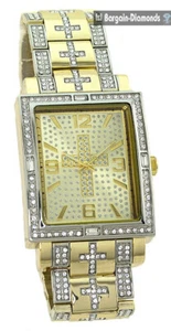 Mens 38x59mm Rectangle 2 Tone CZ Clubbing Cross Watch Gold Dial 8.5" Bracelet - Picture 1 of 19