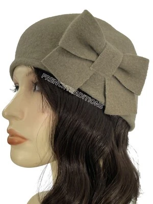 Laulhere French 100% Wool Beret & Bow - Seine - Light Brown - 7 1/8 -Made France - Image 1 of 4