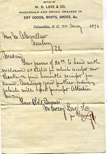 1876 W D LOVE & CO COLUMBIA SC DRY GOODS STIVALI SCARPE ECC RIVENDITORE CARTA INTESTATA - Foto 1 di 1