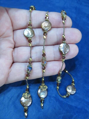 Moeda de cobre artesanal pérola e cristal âmbar Lariat colar de contas 16" - Imagem 1 de 4