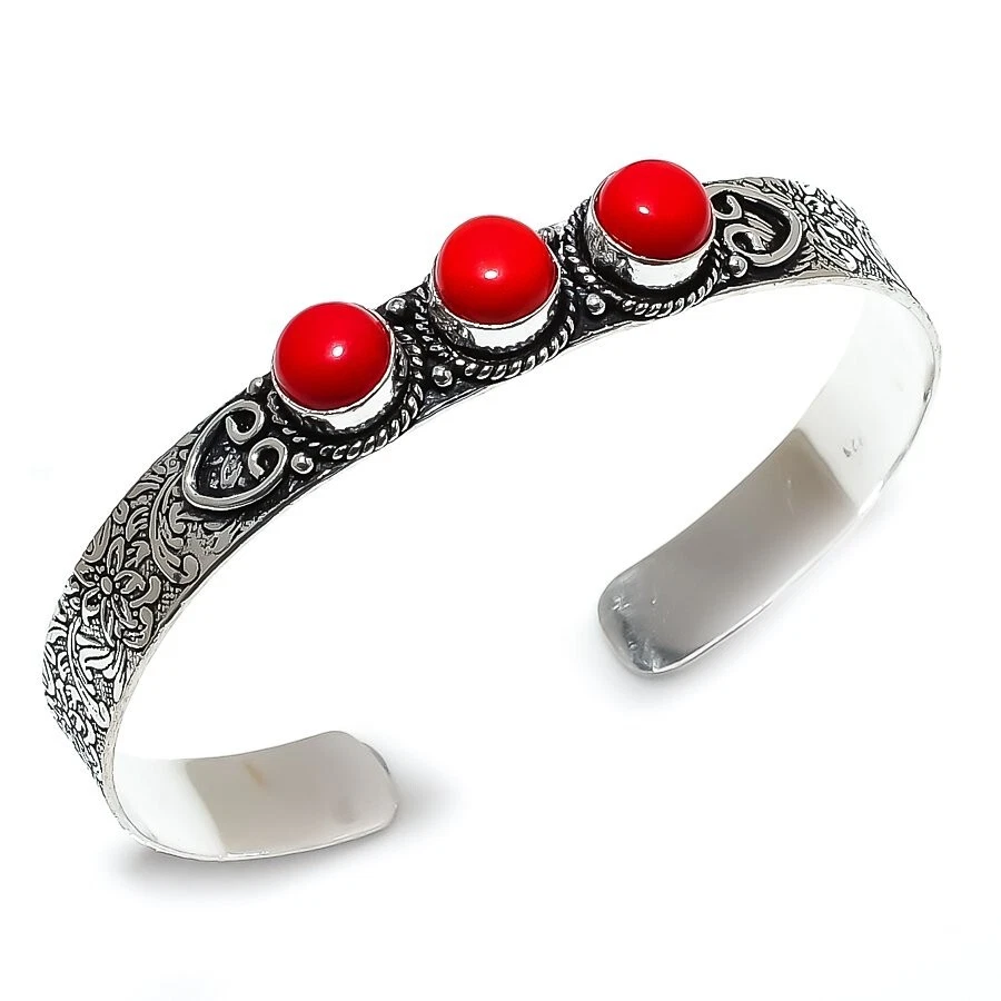 Red Coral Gemstone Handmade 925 Sterling silver Cuff Bracelet Adjustable - Image 1 of 1