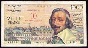 France 10 NF on 1000 Francs 1957 P-138 aVF ** fancy number 786 ** - Picture 1 of 2