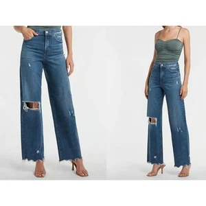 Express Super High Waisted Ripped Raw Hem 90s Wide Leg Jeans 2 - Picture 1 of 4