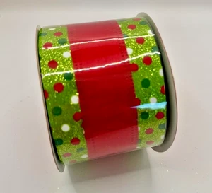 Red Stripe Green glitter Polka Dot Christmas Holiday Ribbon 2.5" wire Deluxe 30f - Picture 1 of 3