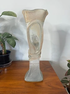 Art Glass  Signed Vase Jon Studio Art Hand Blown Etch Signed Frosted Matte - Picture 1 of 7