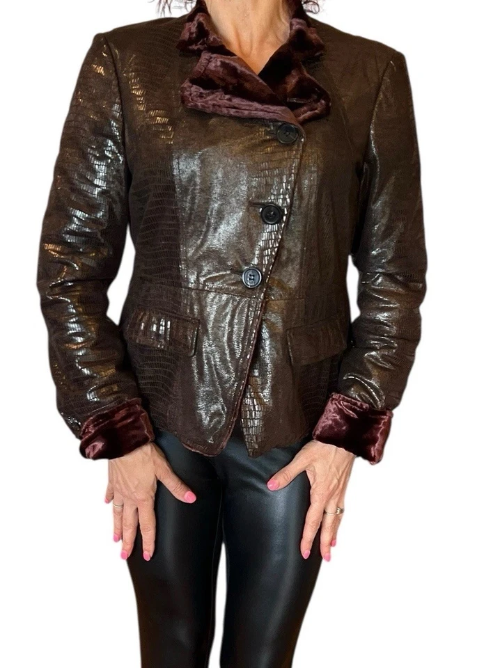 ARMANI COLLEZIONI Brown Velvet Lined Faux Leather Snakeskin Embossed Jacket Sz 6 - Image 1 of 4
